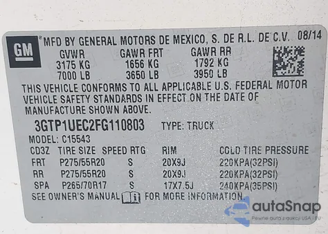 2015 GMC Sierra 1500 Sle из США, поврежденный, VIN 3GTP1UEC2FG110803